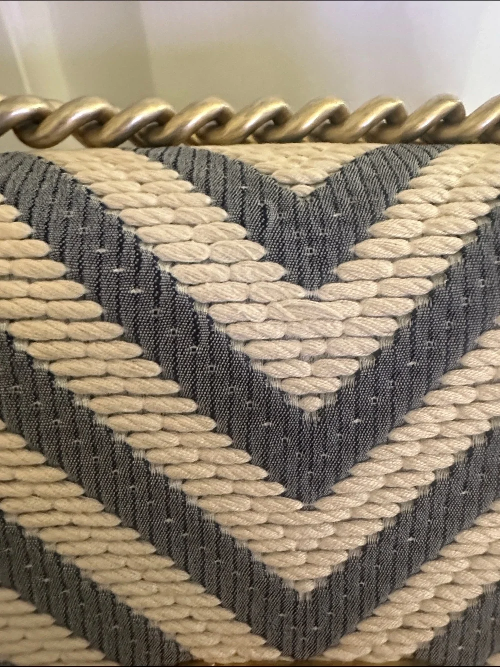 CHANEL small blue & Cream Chevron and Leather Boy Crossbody